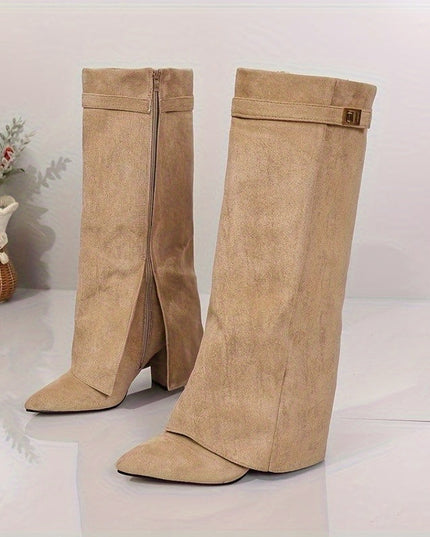 Women's Knee High Boots in Faux Suede, Pointed Toe and Block Heel