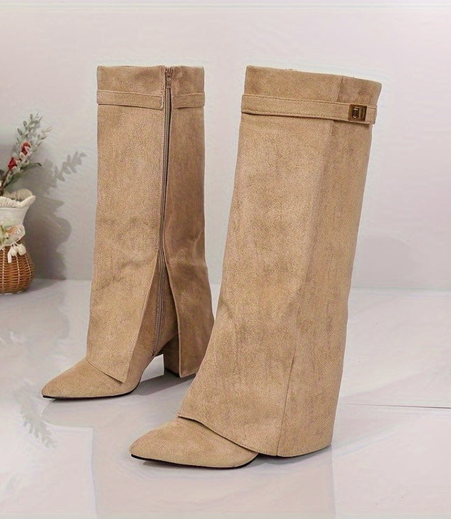 Women's Knee High Boots in Faux Suede, Pointed Toe and Block Heel