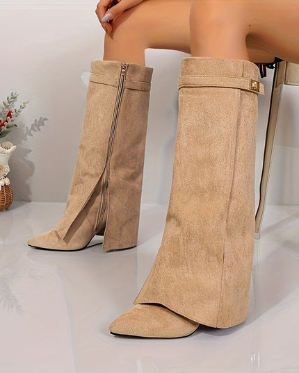 Women's Knee High Boots in Faux Suede, Pointed Toe and Block Heel