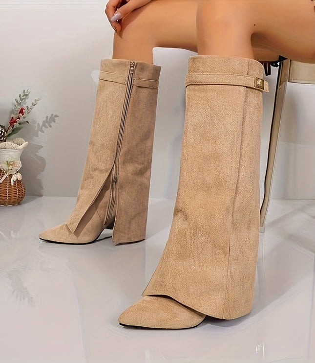 Women's Knee High Boots in Faux Suede, Pointed Toe and Block Heel