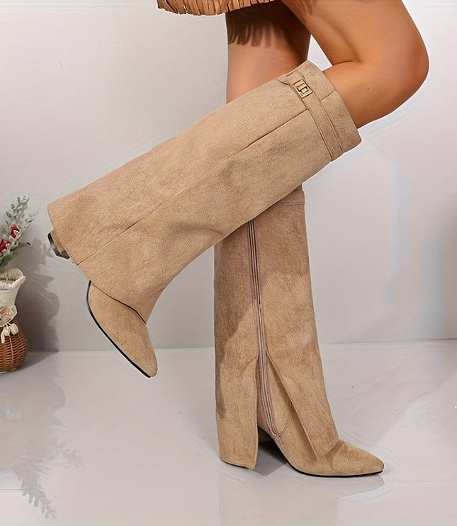 Women's Knee High Boots in Faux Suede, Pointed Toe and Block Heel