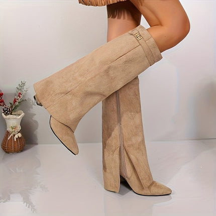 Women's Knee High Boots in Faux Suede, Pointed Toe and Block Heel
