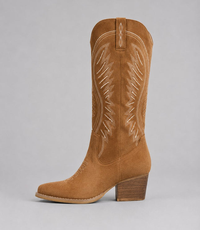 Women's Knee High Embroidered Cowboy Boots, Block Heel