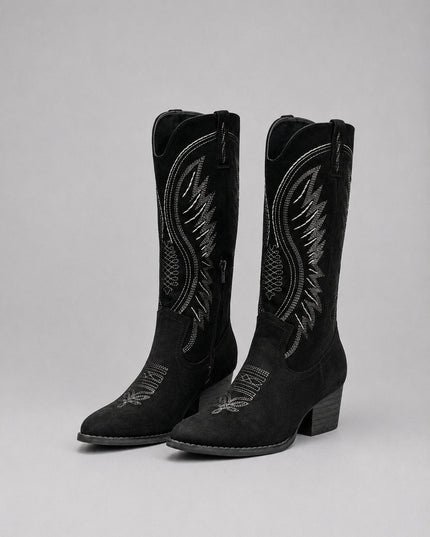 Women's Knee High Embroidered Cowboy Boots, Block Heel