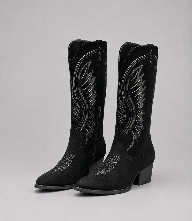 Women's Knee High Embroidered Cowboy Boots, Block Heel