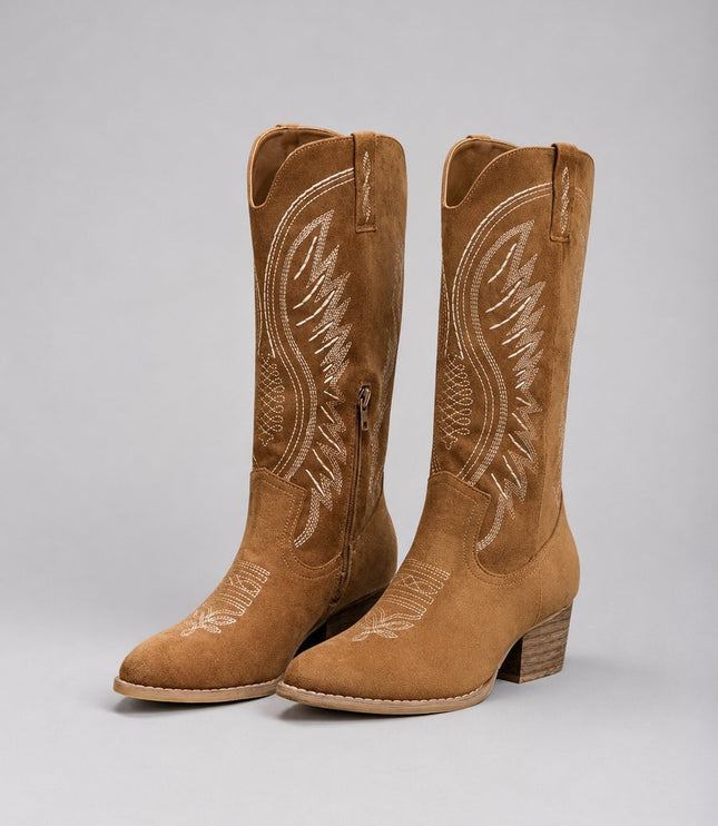 Women's Knee High Embroidered Cowboy Boots, Block Heel