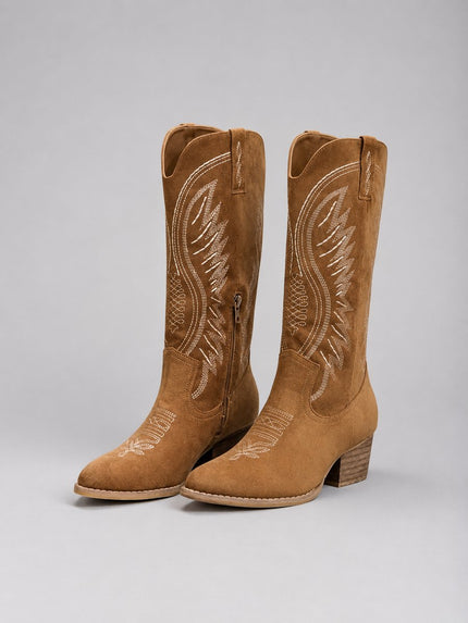 Women's Knee High Embroidered Cowboy Boots, Block Heel