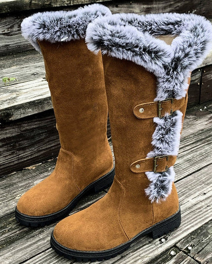 Women's Knee High Faux Suede Lug Sole Fur Trim Winter Boots