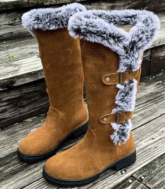 Women's Knee High Faux Suede Lug Sole Fur Trim Winter Boots