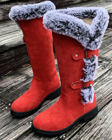 Women's Knee High Faux Suede Lug Sole Fur Trim Winter Boots