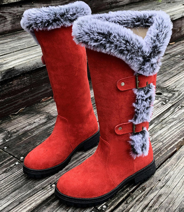 Women's Knee High Faux Suede Lug Sole Fur Trim Winter Boots