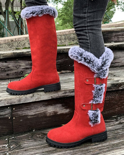 Women's Knee High Faux Suede Lug Sole Fur Trim Winter Boots