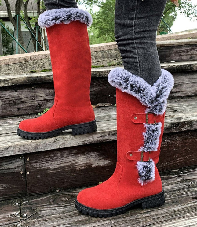 Women's Knee High Faux Suede Lug Sole Fur Trim Winter Boots