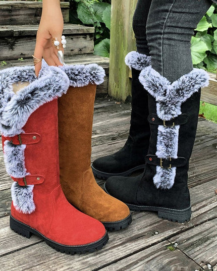 Women's Knee High Faux Suede Lug Sole Fur Trim Winter Boots