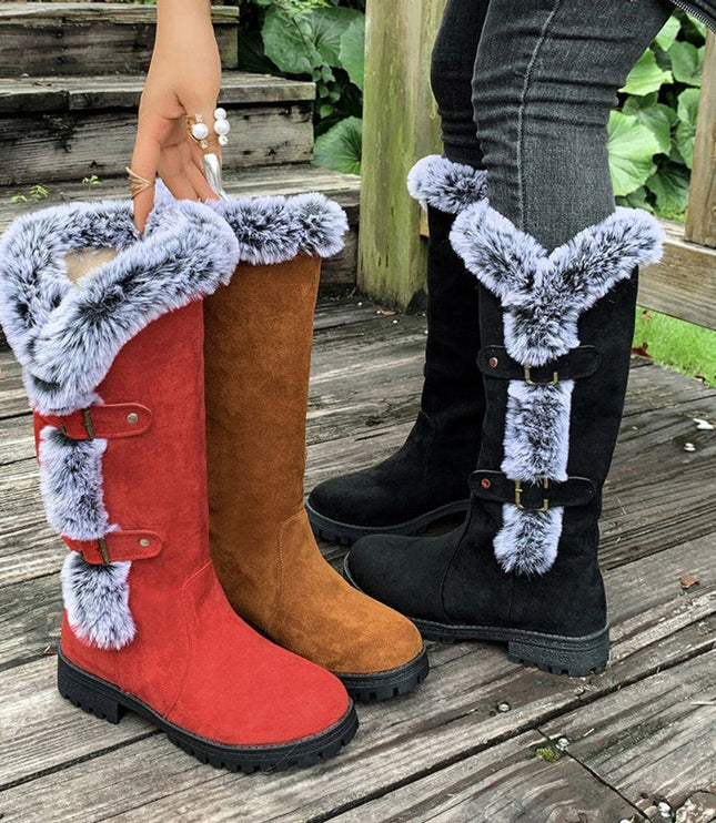Women's Knee High Faux Suede Lug Sole Fur Trim Winter Boots
