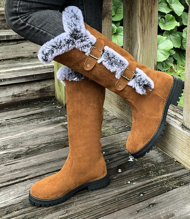 Women's Knee High Faux Suede Lug Sole Fur Trim Winter Boots