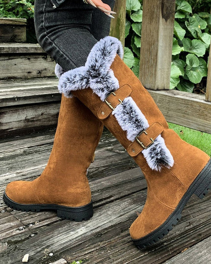 Women's Knee High Faux Suede Lug Sole Fur Trim Winter Boots