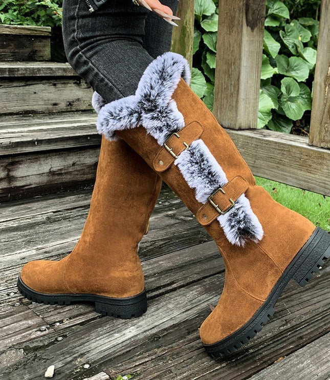Women's Knee High Faux Suede Lug Sole Fur Trim Winter Boots