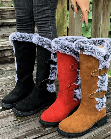 Women's Knee High Faux Suede Lug Sole Fur Trim Winter Boots