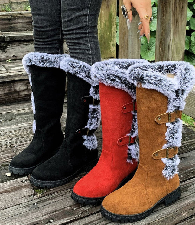 Women's Knee High Faux Suede Lug Sole Fur Trim Winter Boots