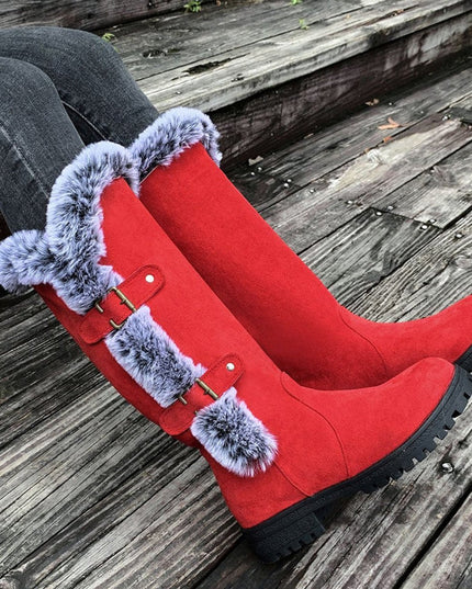 Women's Knee High Faux Suede Lug Sole Fur Trim Winter Boots