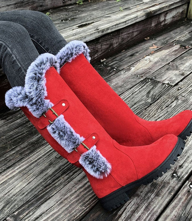 Women's Knee High Faux Suede Lug Sole Fur Trim Winter Boots