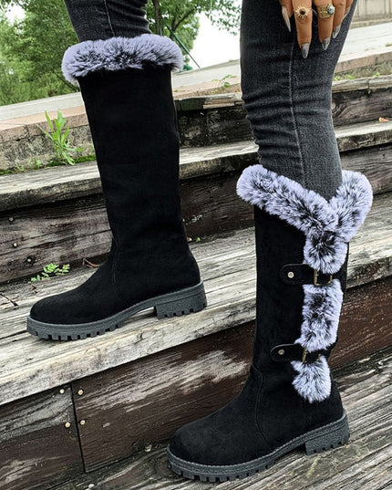 Women's Knee High Faux Suede Lug Sole Fur Trim Winter Boots