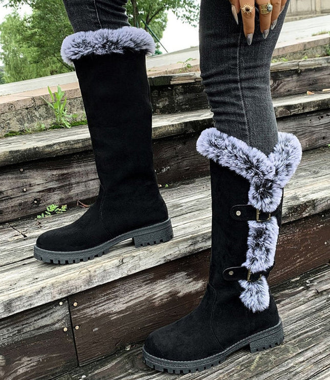 Women's Knee High Faux Suede Lug Sole Fur Trim Winter Boots