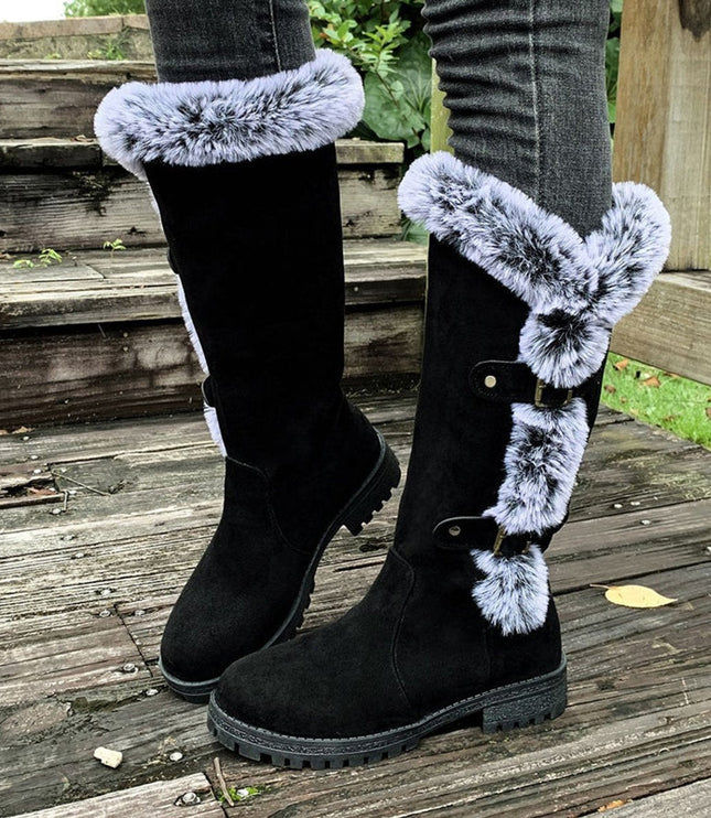 Women's Knee High Faux Suede Lug Sole Fur Trim Winter Boots