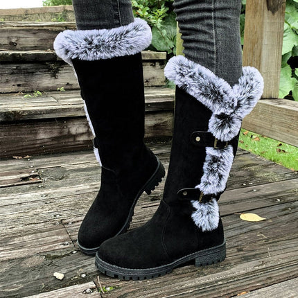 Women's Knee High Faux Suede Lug Sole Fur Trim Winter Boots