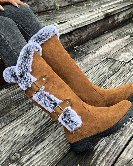 Women's Knee High Faux Suede Lug Sole Fur Trim Winter Boots