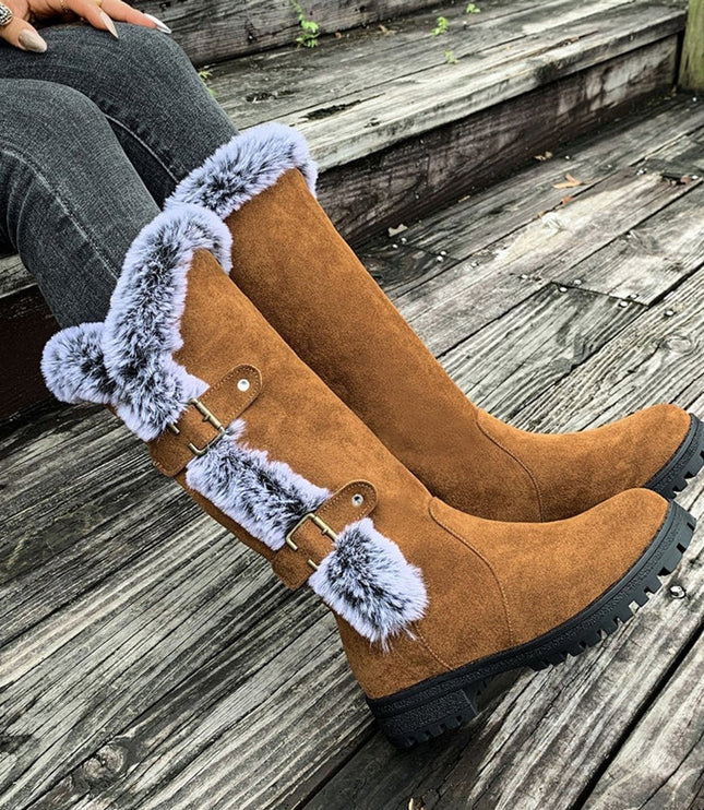 Women's Knee High Faux Suede Lug Sole Fur Trim Winter Boots