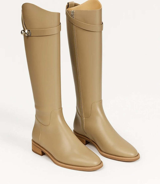 Women's Knee High Leather Riding Boots with Buckle Strap
