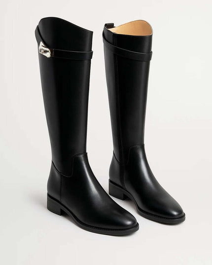Women's Knee High Leather Riding Boots with Buckle Strap