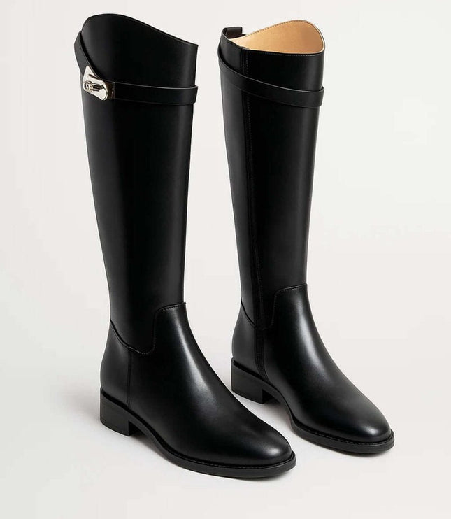 Women's Knee High Leather Riding Boots with Buckle Strap