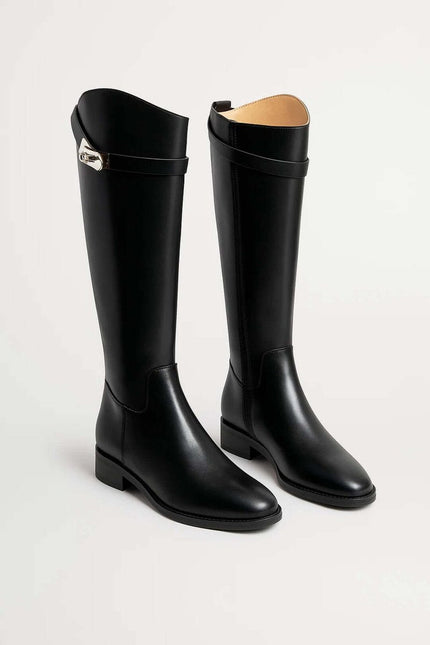 Women's Knee High Leather Riding Boots with Buckle Strap