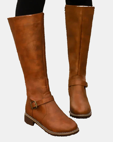 Women's Knee High Low Heel Buckle Strap Tall Riding Boots