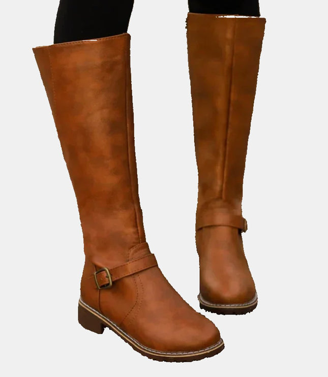 Women's Knee High Low Heel Buckle Strap Tall Riding Boots