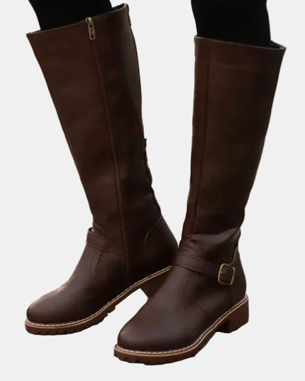 Women's Knee High Low Heel Buckle Strap Tall Riding Boots