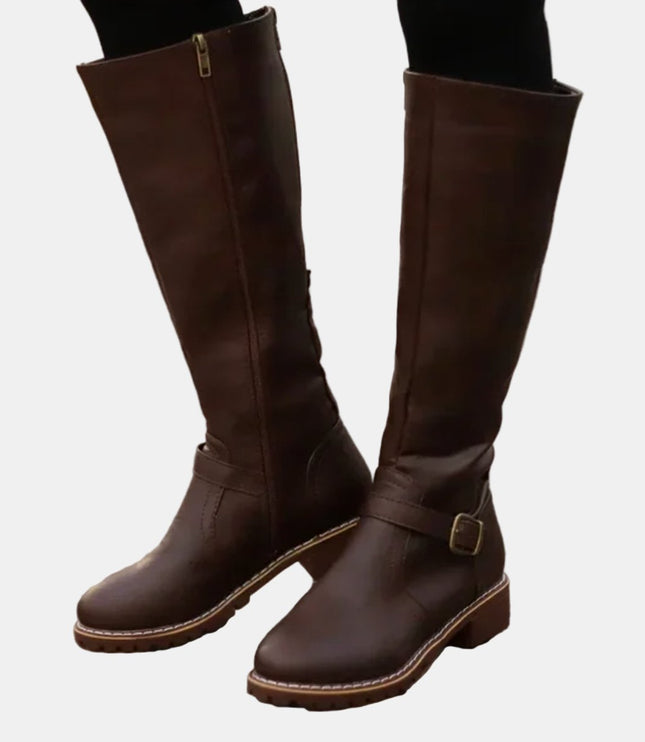 Women's Knee High Low Heel Buckle Strap Tall Riding Boots