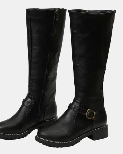 Women's Knee High Low Heel Buckle Strap Tall Riding Boots