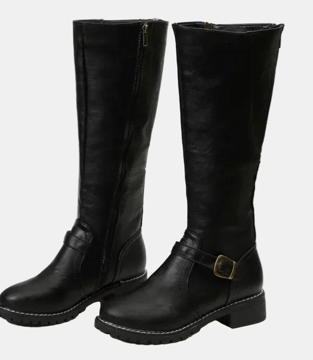 Women's Knee High Low Heel Buckle Strap Tall Riding Boots