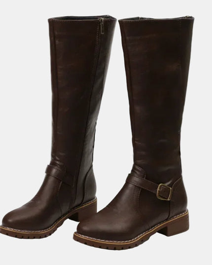 Women's Knee High Low Heel Buckle Strap Tall Riding Boots