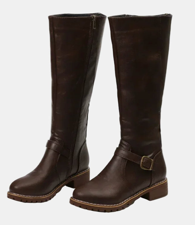 Women's Knee High Low Heel Buckle Strap Tall Riding Boots