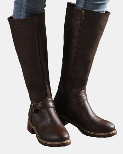 Women's Knee High Low Heel Buckle Strap Tall Riding Boots