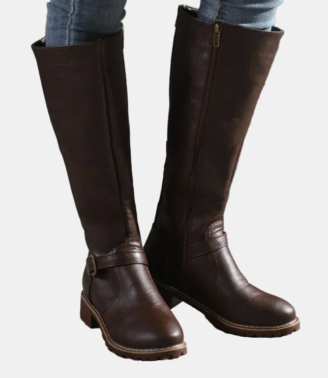 Women's Knee High Low Heel Buckle Strap Tall Riding Boots