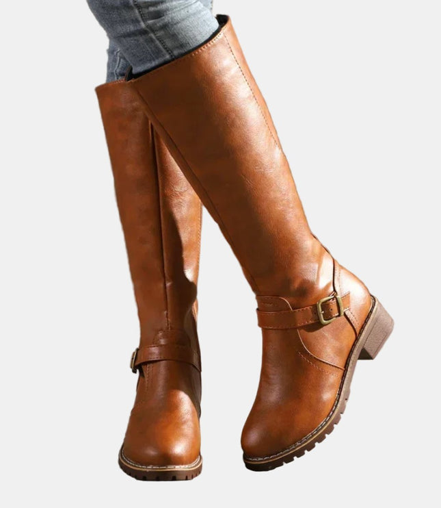 Women's Knee High Low Heel Buckle Strap Tall Riding Boots