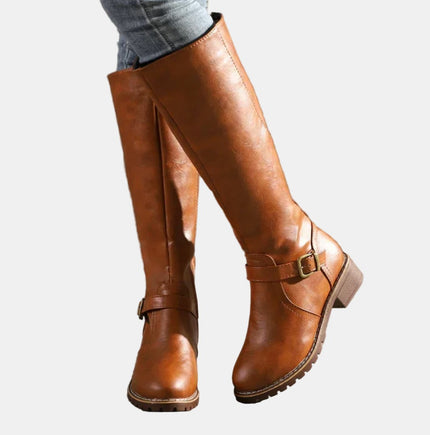 Women's Knee High Low Heel Buckle Strap Tall Riding Boots