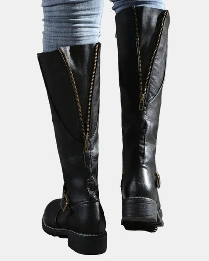 Women's Knee High Low Heel Buckle Strap Tall Riding Boots