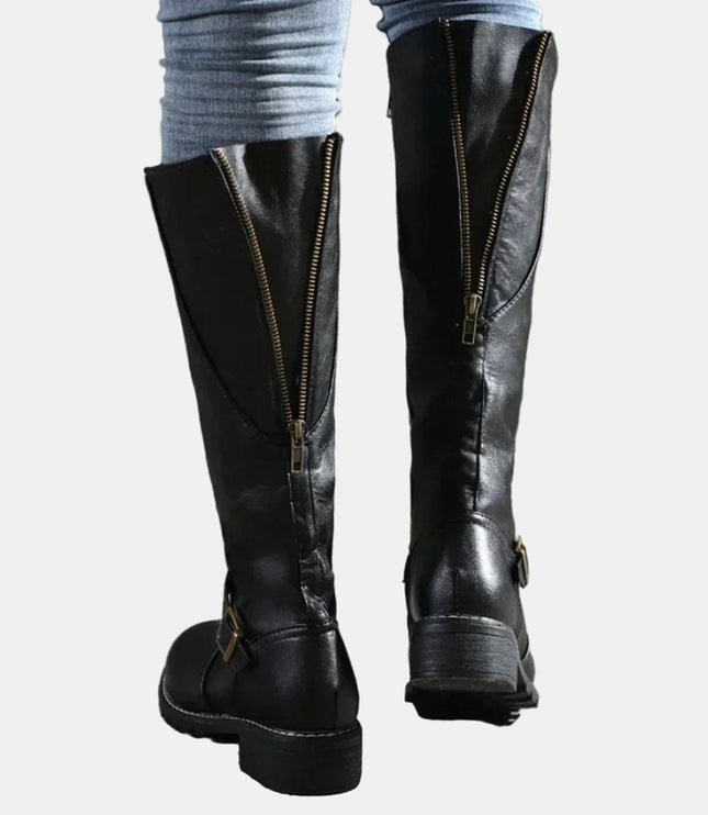 Women's Knee High Low Heel Buckle Strap Tall Riding Boots